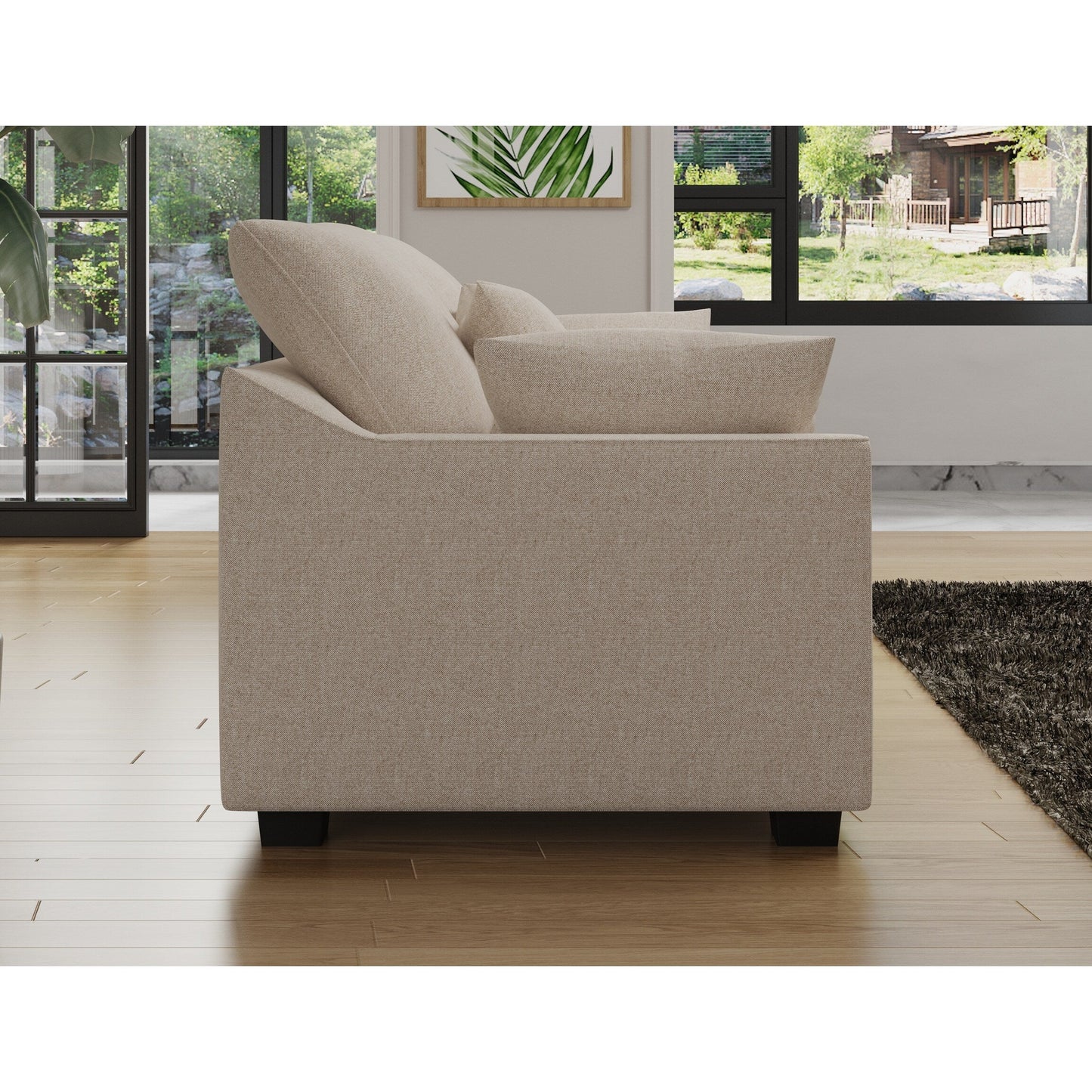 Divano moderno beige 78,7 in poliestere a 3 posti con cuscini e gambe in legno massello per soggiorno