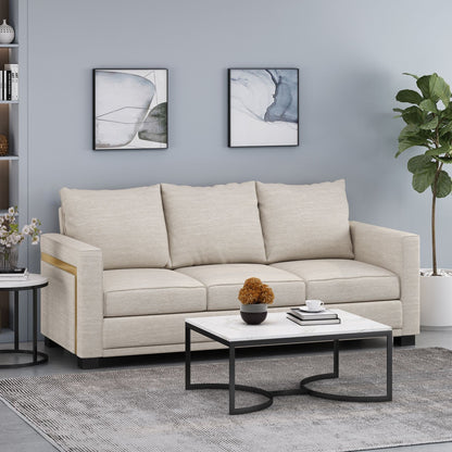 Divano imbottito moderno beige 80.25 a 3 posti con cuscini e gambe in legno per soggiorno