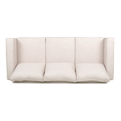 Divano imbottito moderno beige 80.25 a 3 posti con cuscini e gambe in legno per soggiorno