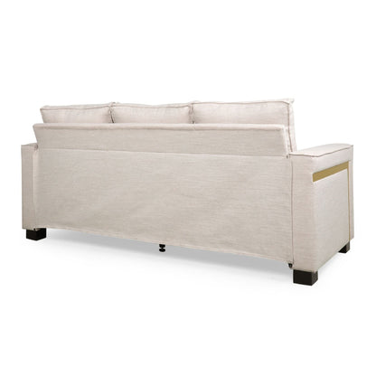 Divano imbottito moderno beige 80.25 a 3 posti con cuscini e gambe in legno per soggiorno