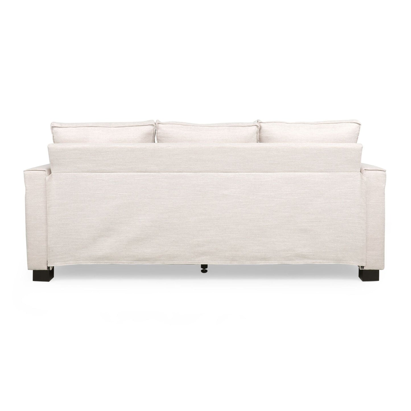 Divano imbottito moderno beige 80.25 a 3 posti con cuscini e gambe in legno per soggiorno