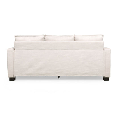 Divano imbottito moderno beige 80.25 a 3 posti con cuscini e gambe in legno per soggiorno