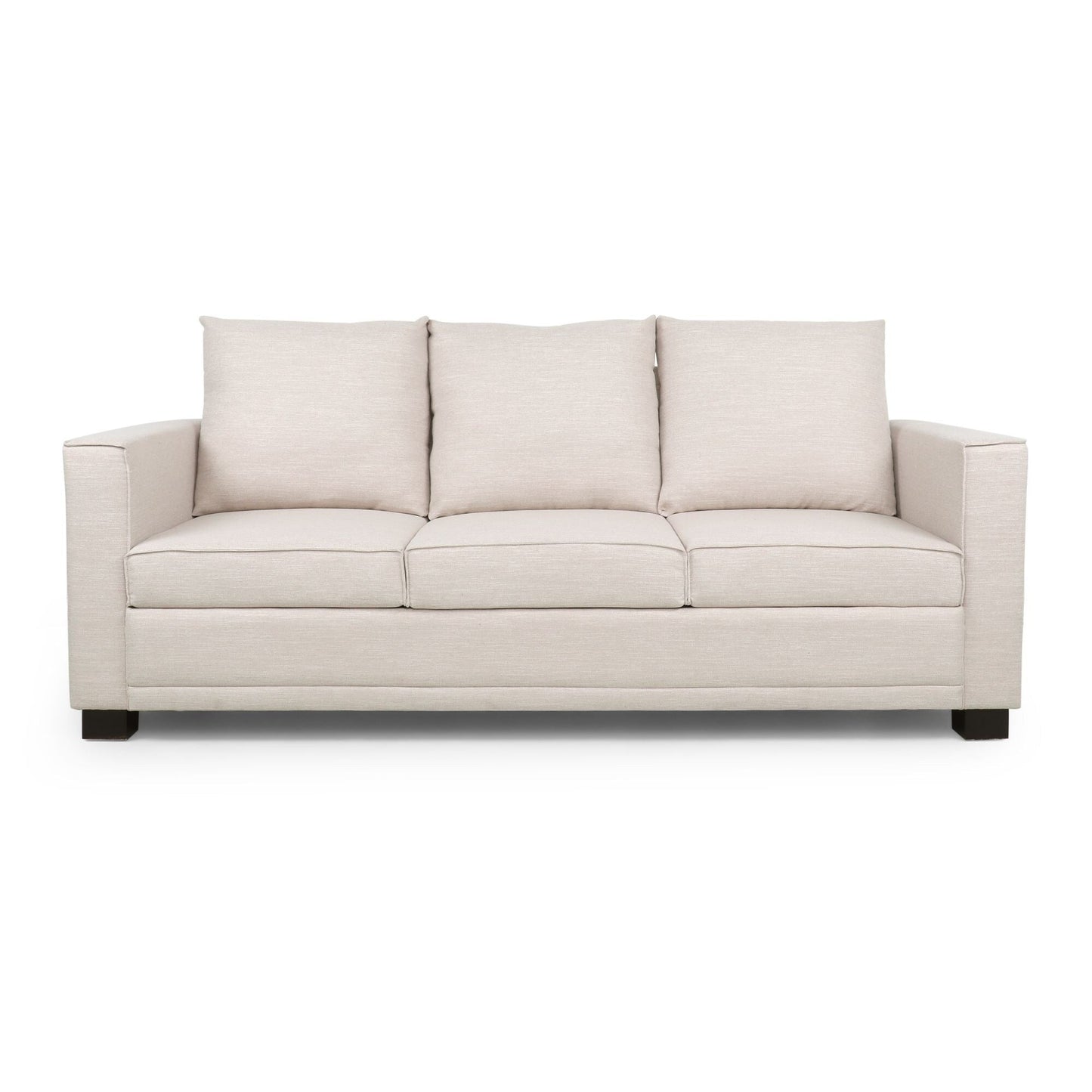 Divano imbottito moderno beige 80.25 a 3 posti con cuscini e gambe in legno per soggiorno