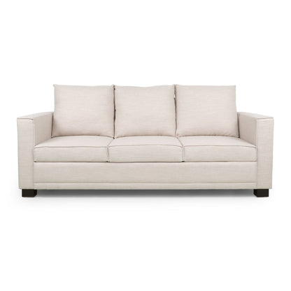 Divano imbottito moderno beige 80.25 a 3 posti con cuscini e gambe in legno per soggiorno