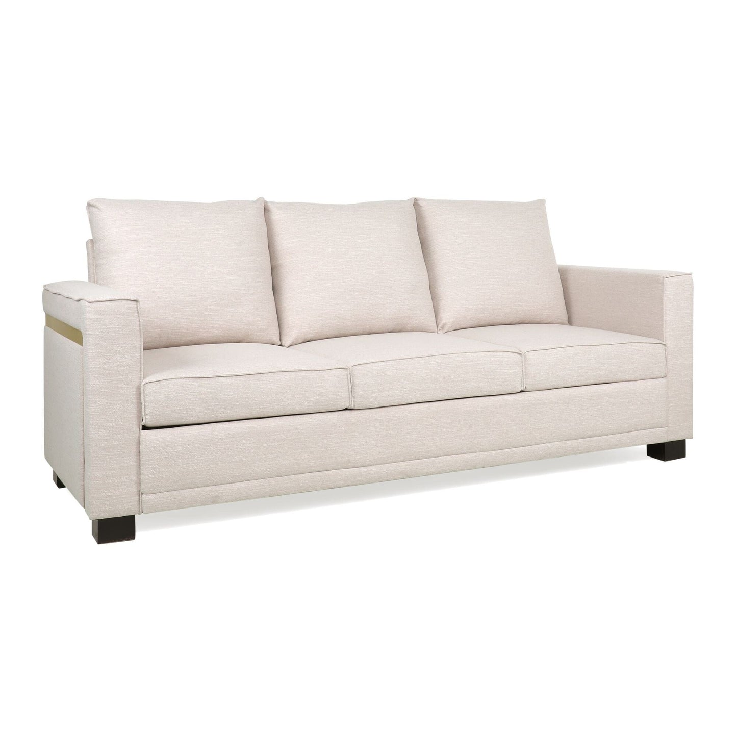Divano imbottito moderno beige 80.25 a 3 posti con cuscini e gambe in legno per soggiorno