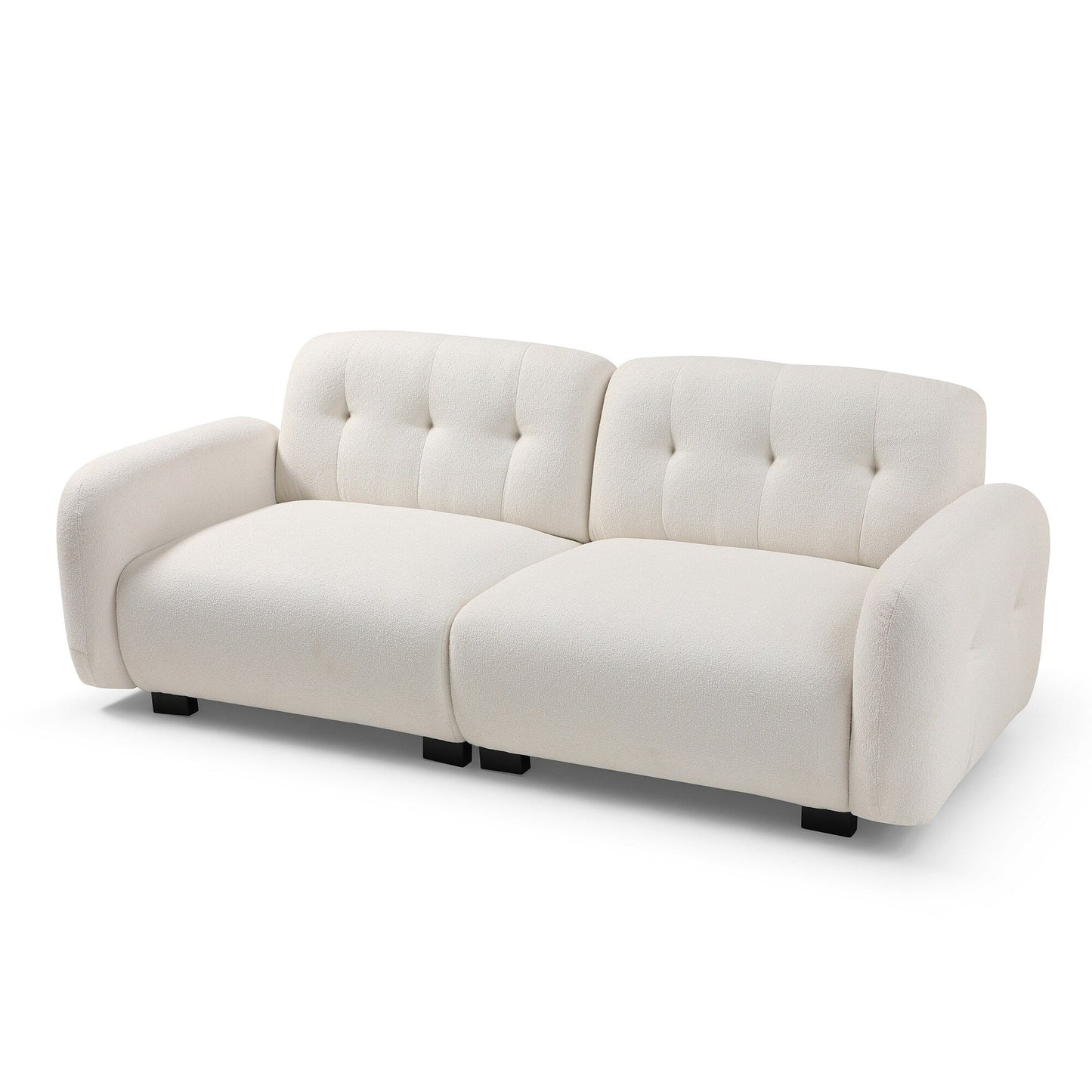 Divano moderno beige Teddy a 3 posti con seduta profonda, gambe in legno e rivestimento per soggiorno