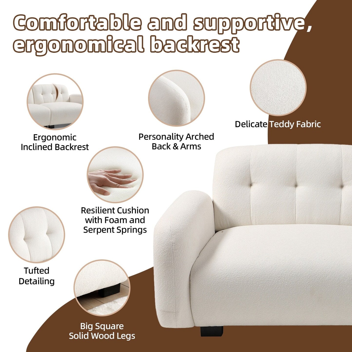 Divano moderno beige Teddy a 3 posti con seduta profonda, gambe in legno e rivestimento per soggiorno