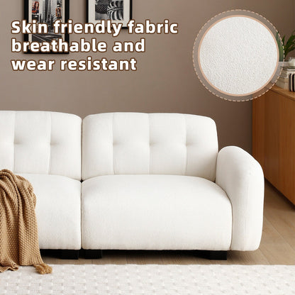 Divano moderno beige Teddy a 3 posti con seduta profonda, gambe in legno e rivestimento per soggiorno