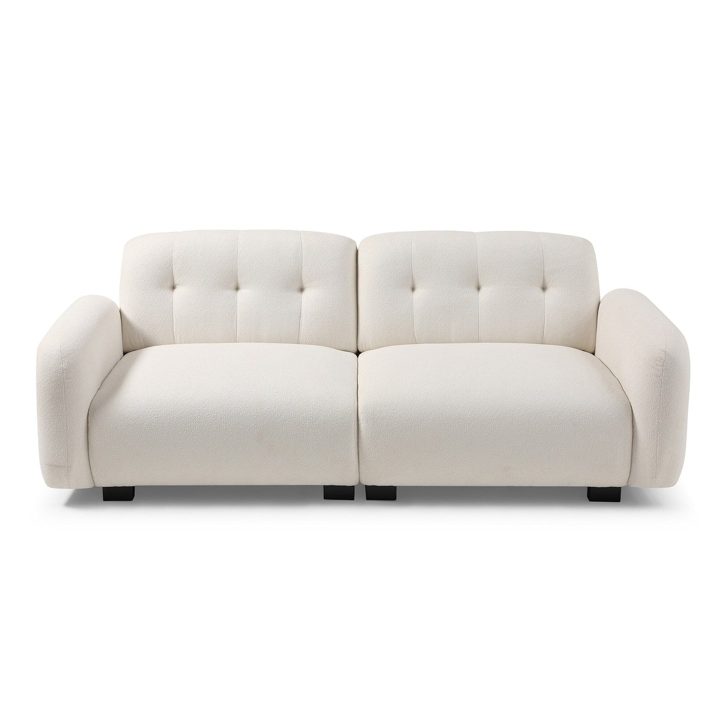 Divano moderno beige Teddy a 3 posti con seduta profonda, gambe in legno e rivestimento per soggiorno