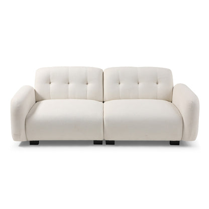 Divano moderno beige Teddy a 3 posti con seduta profonda, gambe in legno e rivestimento per soggiorno