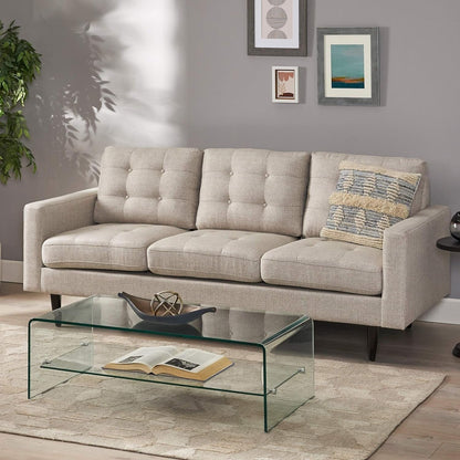 Divano moderno beige 82,75 con bottoni, trapuntato, a 3 posti, con gambe in legno di betulla per soggiorno