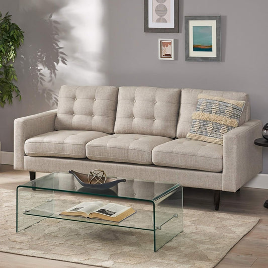 Divano moderno beige 82,75 con bottoni, trapuntato, a 3 posti, con gambe in legno di betulla per soggiorno