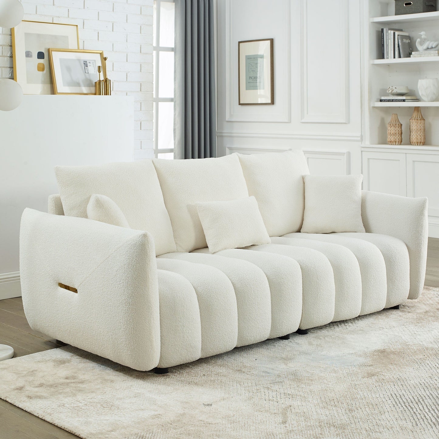 Divano moderno beige da 82 posti in tessuto con struttura in legno massello, cuscini in schiuma ad alta resilienza e 3 cuscini per lo schienale