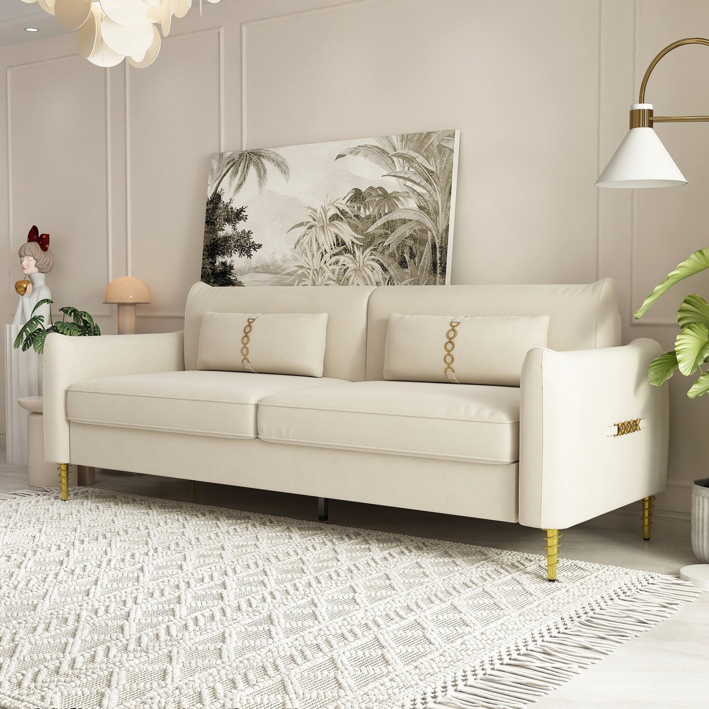Divano a due posti in velluto beige moderno 85.43 con gambe e cuscini dorati per soggiorno