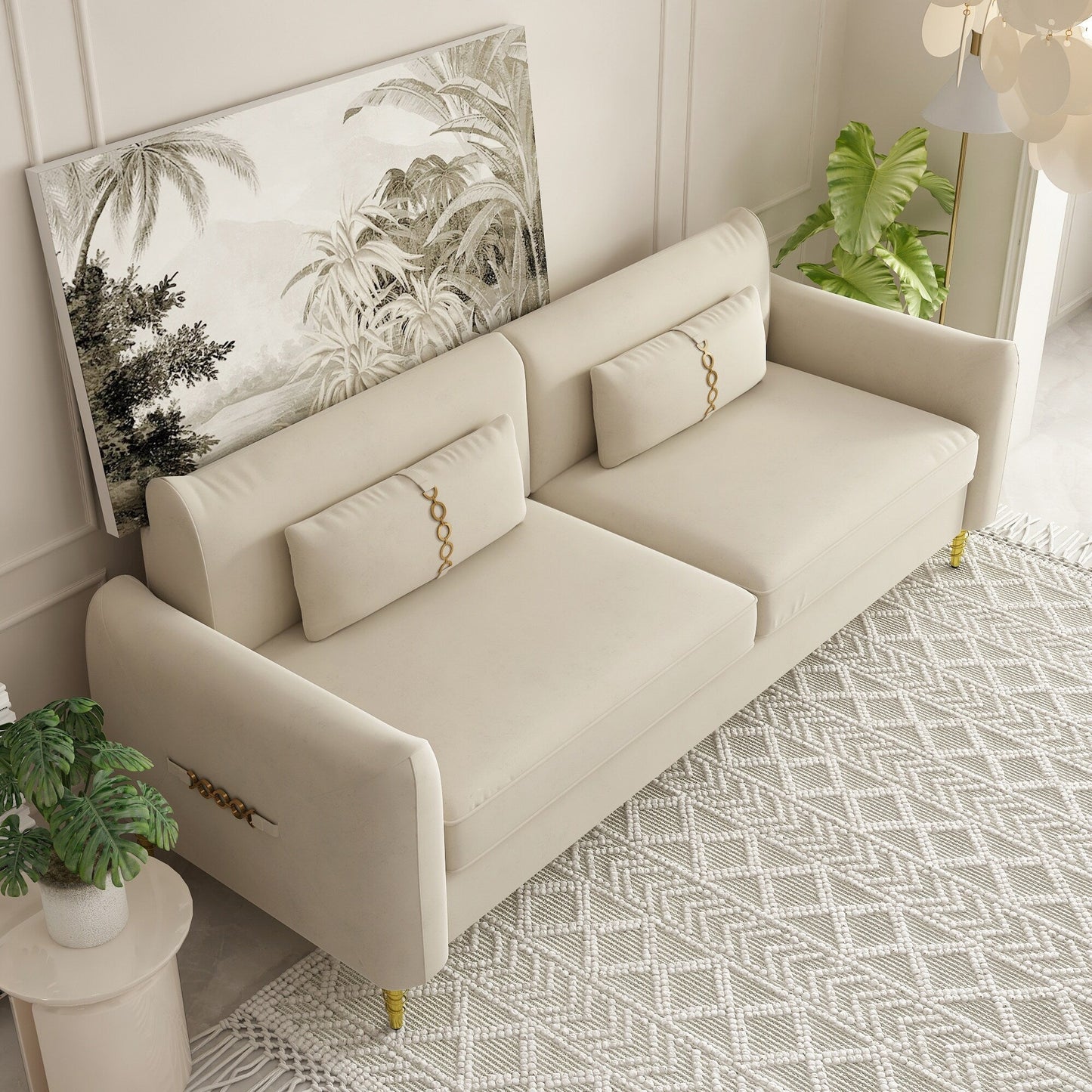 Divano a due posti in velluto beige moderno 85.43 con gambe e cuscini dorati per soggiorno