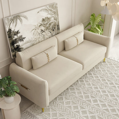 Divano a due posti in velluto beige moderno 85.43 con gambe e cuscini dorati per soggiorno