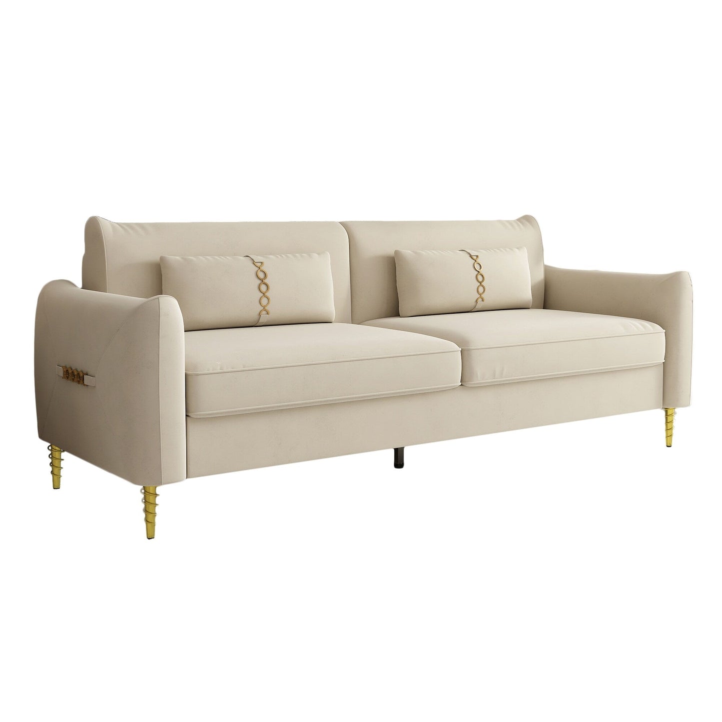 Divano a due posti in velluto beige moderno 85.43 con gambe e cuscini dorati per soggiorno