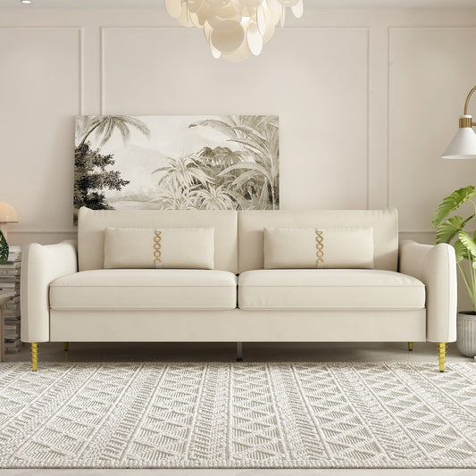 Divano a due posti in velluto beige moderno 85.43 con gambe e cuscini dorati per soggiorno