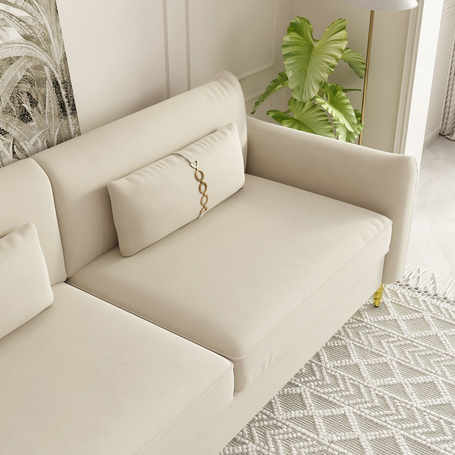 Divano a due posti in velluto beige moderno 85.43 con gambe e cuscini dorati per soggiorno