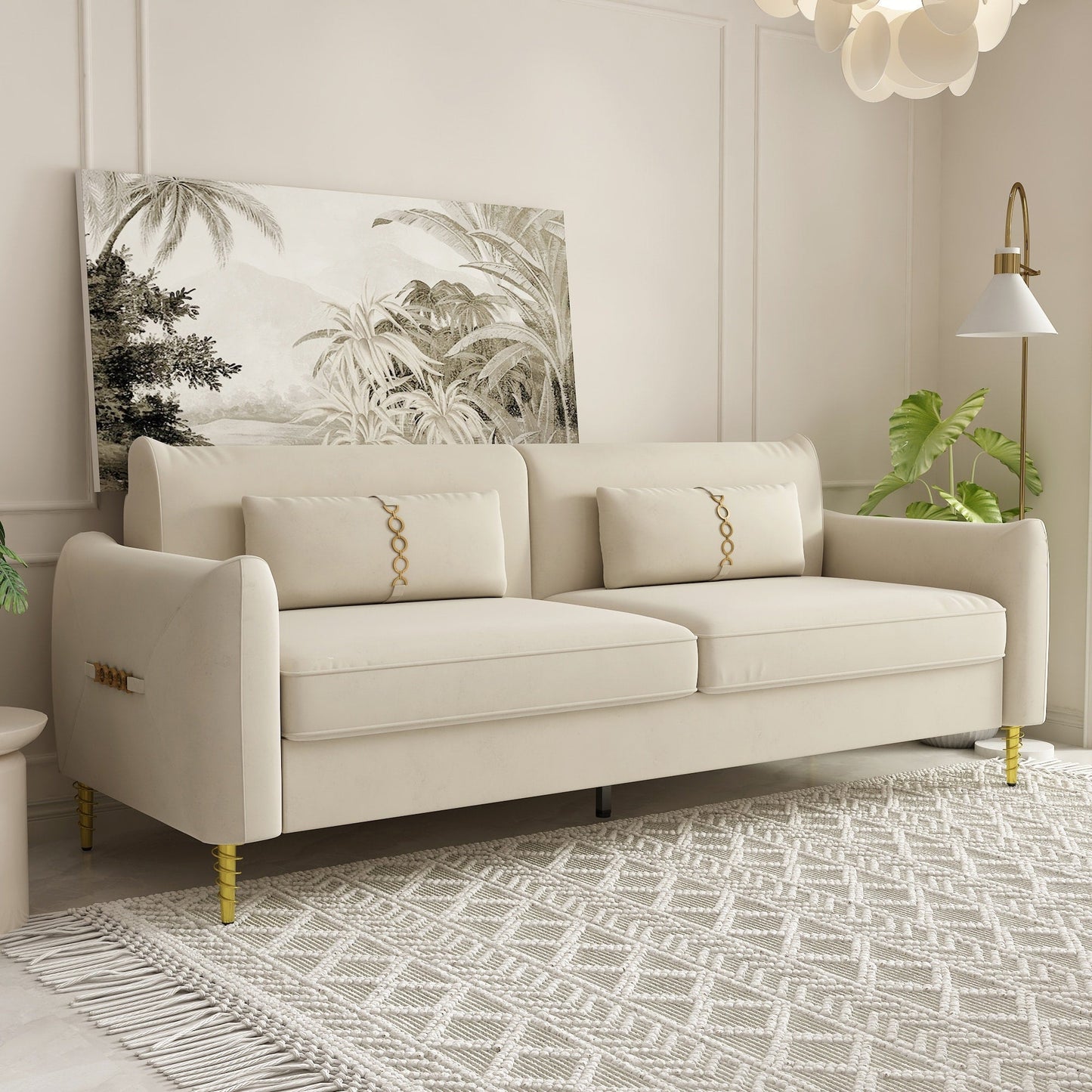 Divano a due posti in velluto beige moderno 85.43 con gambe e cuscini dorati per soggiorno