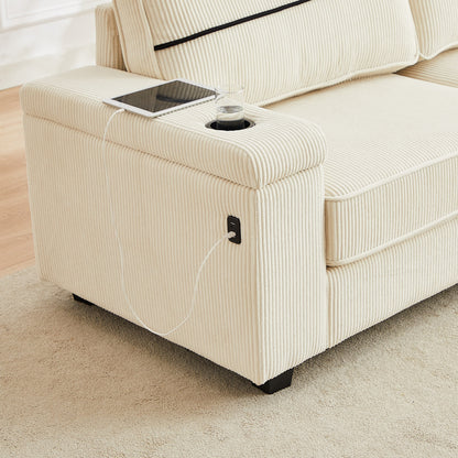 Divano moderno beige in velluto a coste da 86,5 pollici a 3 posti con due vani portaoggetti, porte di ricarica USB e 2 portabicchieri