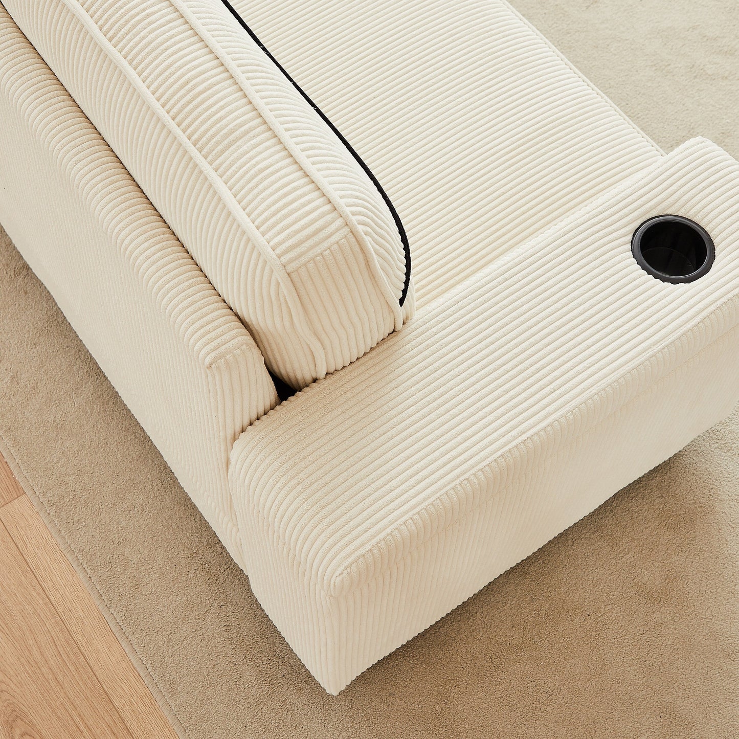 Divano moderno beige in velluto a coste da 86,5 pollici a 3 posti con due vani portaoggetti, porte di ricarica USB e 2 portabicchieri
