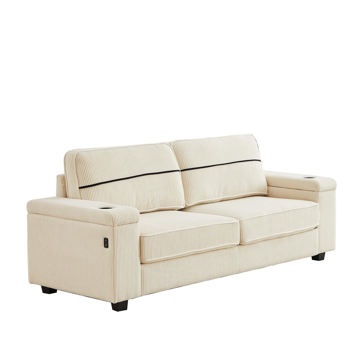 Divano moderno beige in velluto a coste da 86,5 pollici a 3 posti con due vani portaoggetti, porte di ricarica USB e 2 portabicchieri