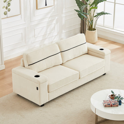 Divano moderno beige in velluto a coste da 86,5 pollici a 3 posti con due vani portaoggetti, porte di ricarica USB e 2 portabicchieri