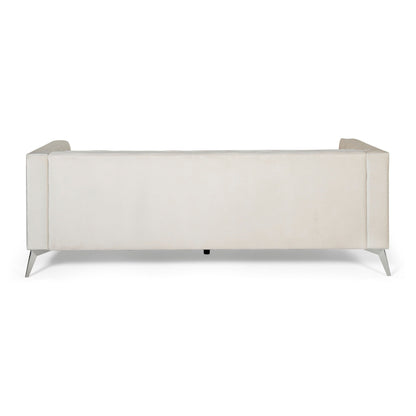 Divano moderno beige 86,75 in similpelle con bottoni, trapuntato, gambe in ferro lisce a forma di T per soggiorno