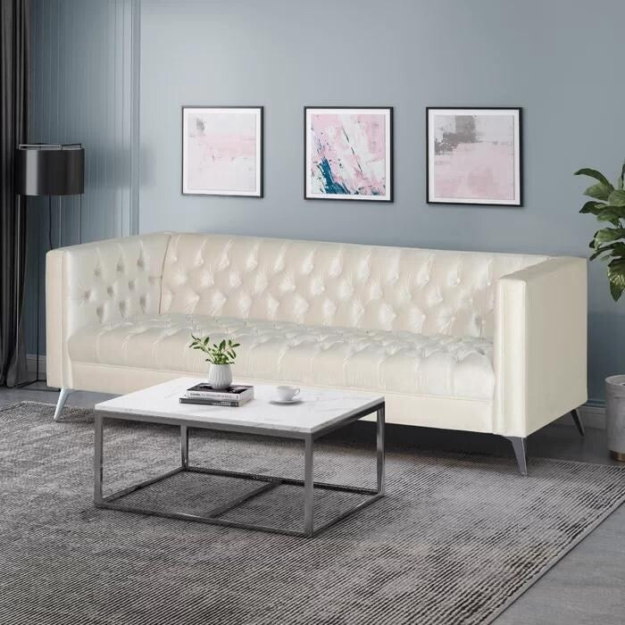 Divano moderno beige 86,75 in similpelle con bottoni, trapuntato, gambe in ferro lisce a forma di T per soggiorno
