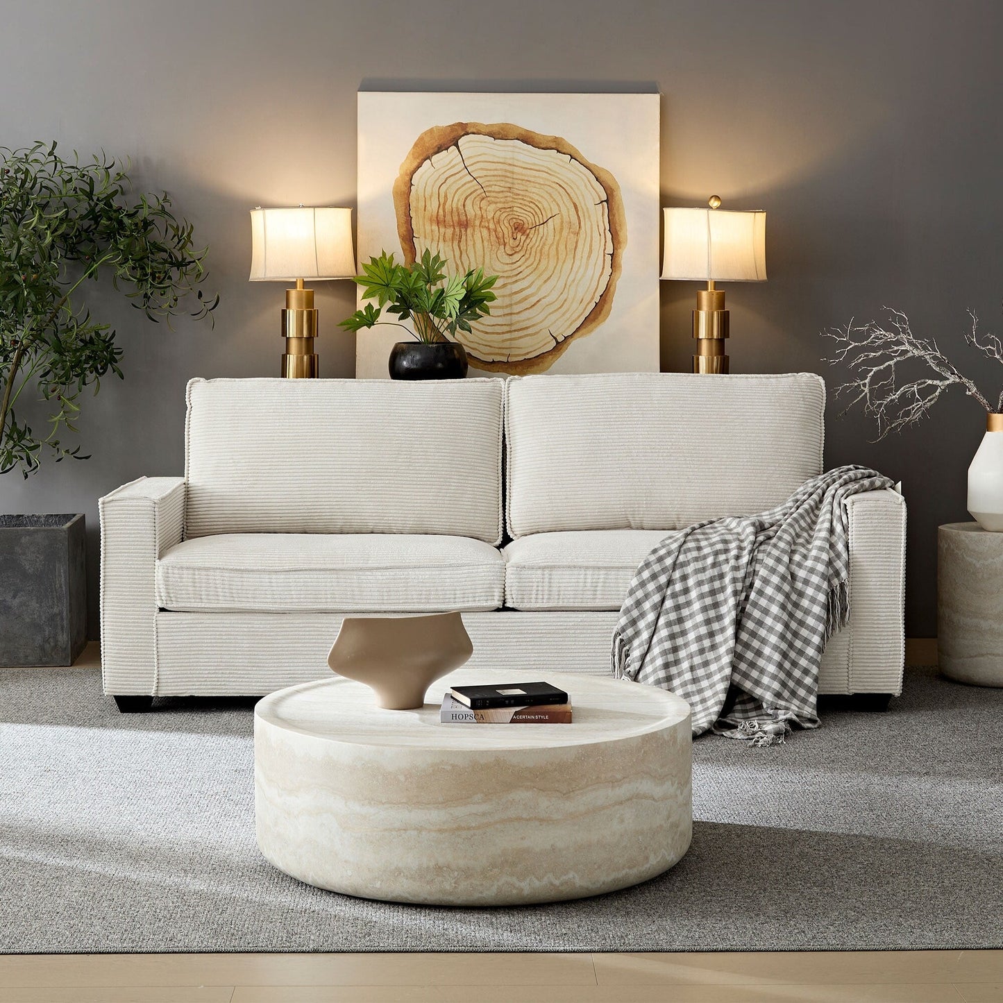Divano moderno beige 87.4 in velluto a coste a 3 posti con seduta profonda, portabicchieri e borse portaoggetti per soggiorno