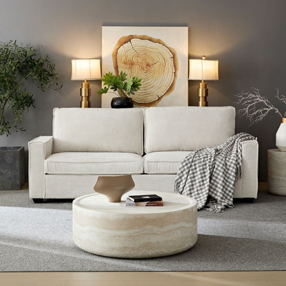 Divano moderno beige 87.4 in velluto a coste a 3 posti con seduta profonda, portabicchieri e borse portaoggetti per soggiorno