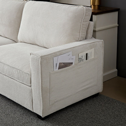 Divano moderno beige 87.4 in velluto a coste a 3 posti con seduta profonda, portabicchieri e borse portaoggetti per soggiorno