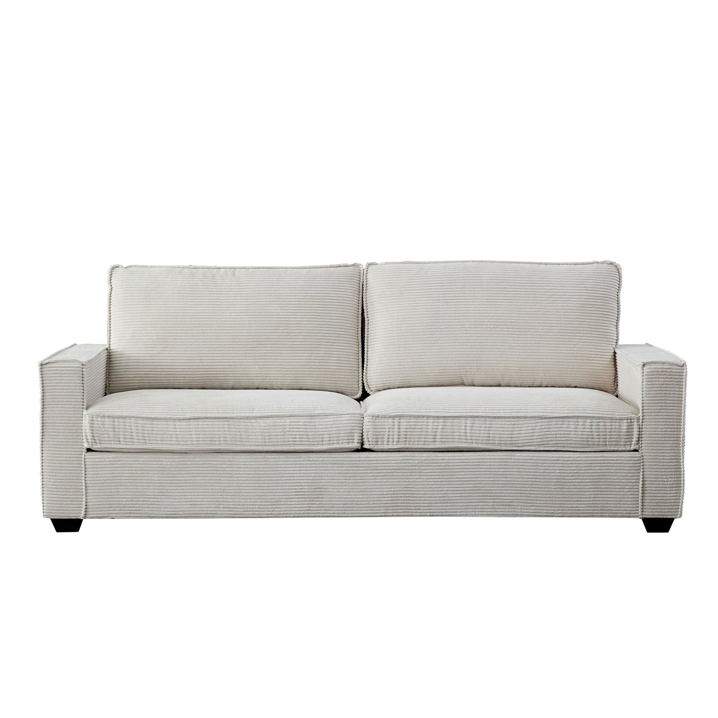Divano moderno beige 87.4 in velluto a coste a 3 posti con seduta profonda, portabicchieri e borse portaoggetti per soggiorno