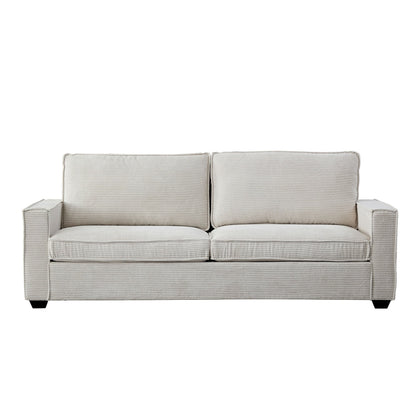Divano moderno beige 87.4 in velluto a coste a 3 posti con seduta profonda, portabicchieri e borse portaoggetti per soggiorno