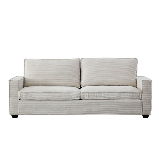 Divano moderno beige 87.4 in velluto a coste a 3 posti con seduta profonda, portabicchieri e borse portaoggetti per soggiorno