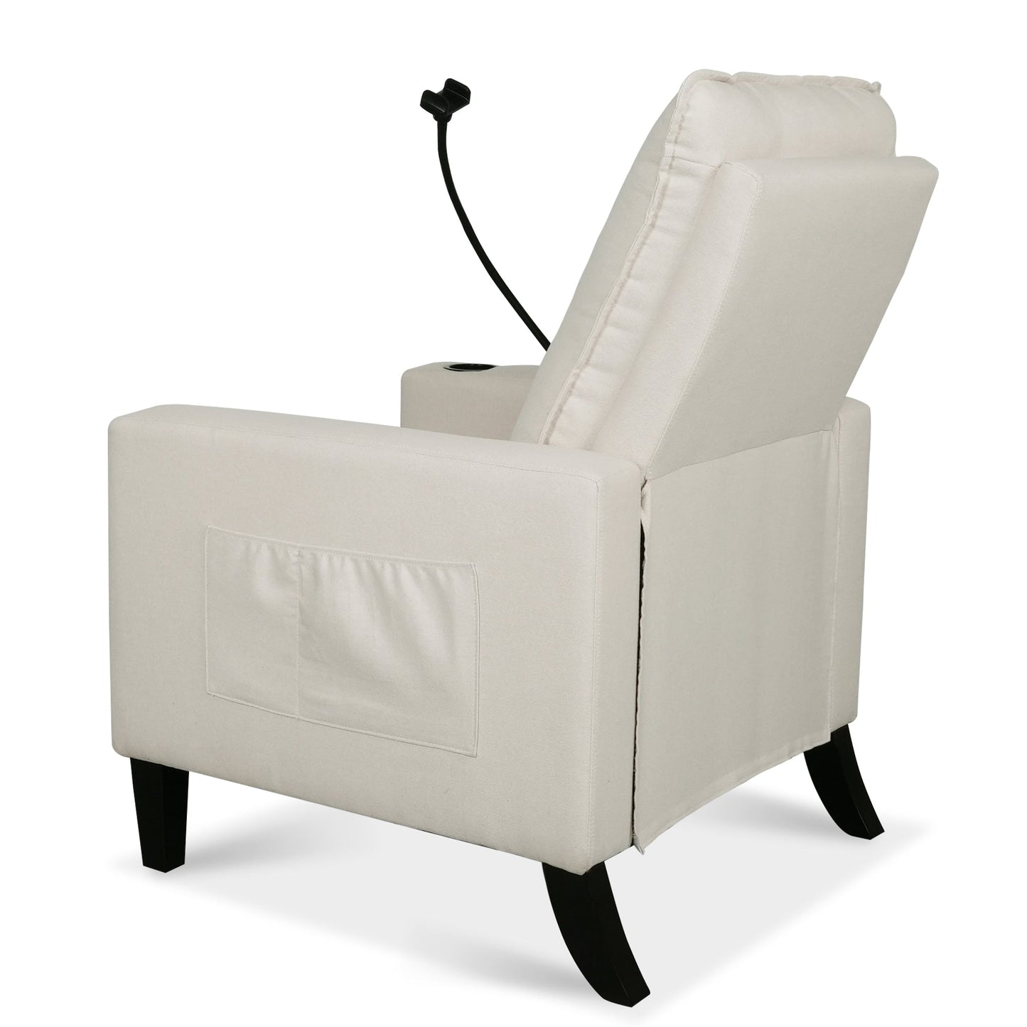 Poltrona reclinabile manuale moderna in tessuto beige con porta cellulare, portabicchieri e poggiapiedi