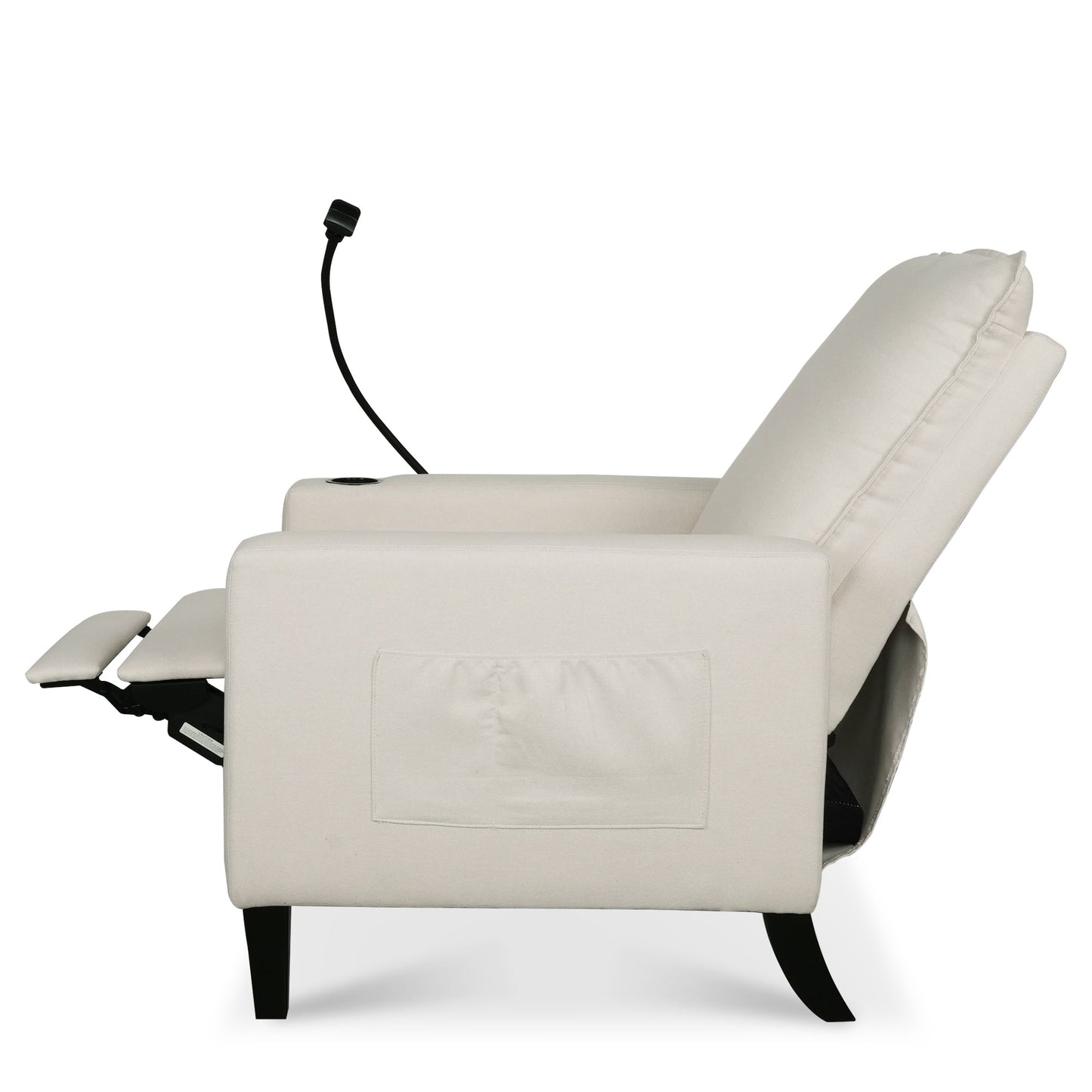 Poltrona reclinabile manuale moderna in tessuto beige con porta cellulare, portabicchieri e poggiapiedi
