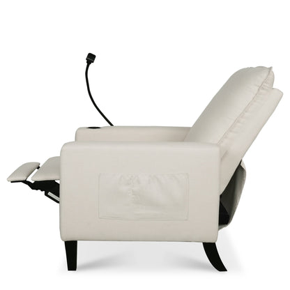 Poltrona reclinabile manuale moderna in tessuto beige con porta cellulare, portabicchieri e poggiapiedi