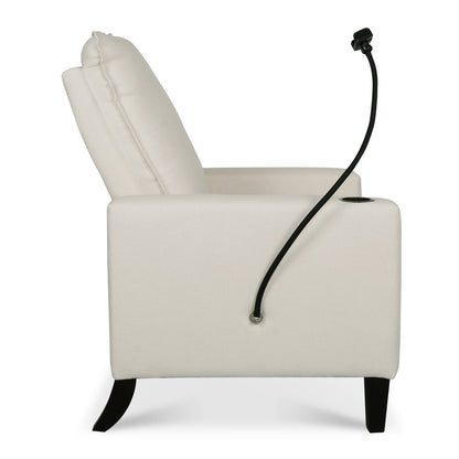 Poltrona reclinabile manuale moderna in tessuto beige con porta cellulare, portabicchieri e poggiapiedi