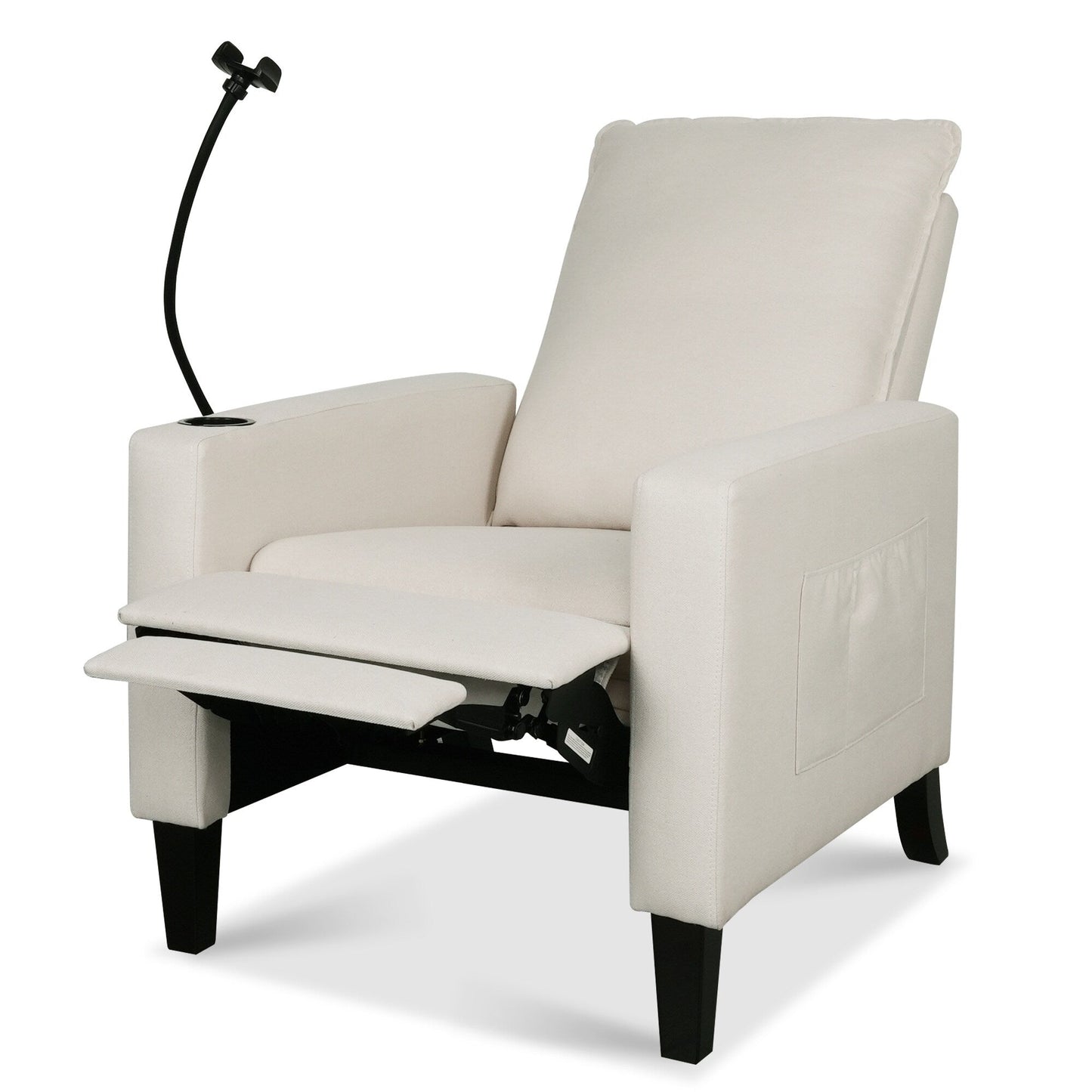 Poltrona reclinabile manuale moderna in tessuto beige con porta cellulare, portabicchieri e poggiapiedi