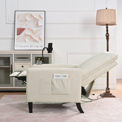 Poltrona reclinabile manuale moderna in tessuto beige con porta cellulare, portabicchieri e poggiapiedi