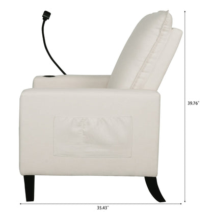 Poltrona reclinabile manuale moderna in tessuto beige con porta cellulare, portabicchieri e poggiapiedi