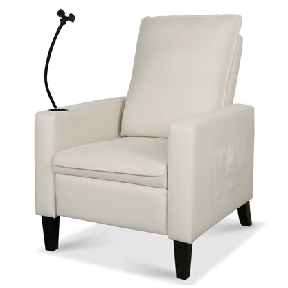 Poltrona reclinabile manuale moderna in tessuto beige con porta cellulare, portabicchieri e poggiapiedi