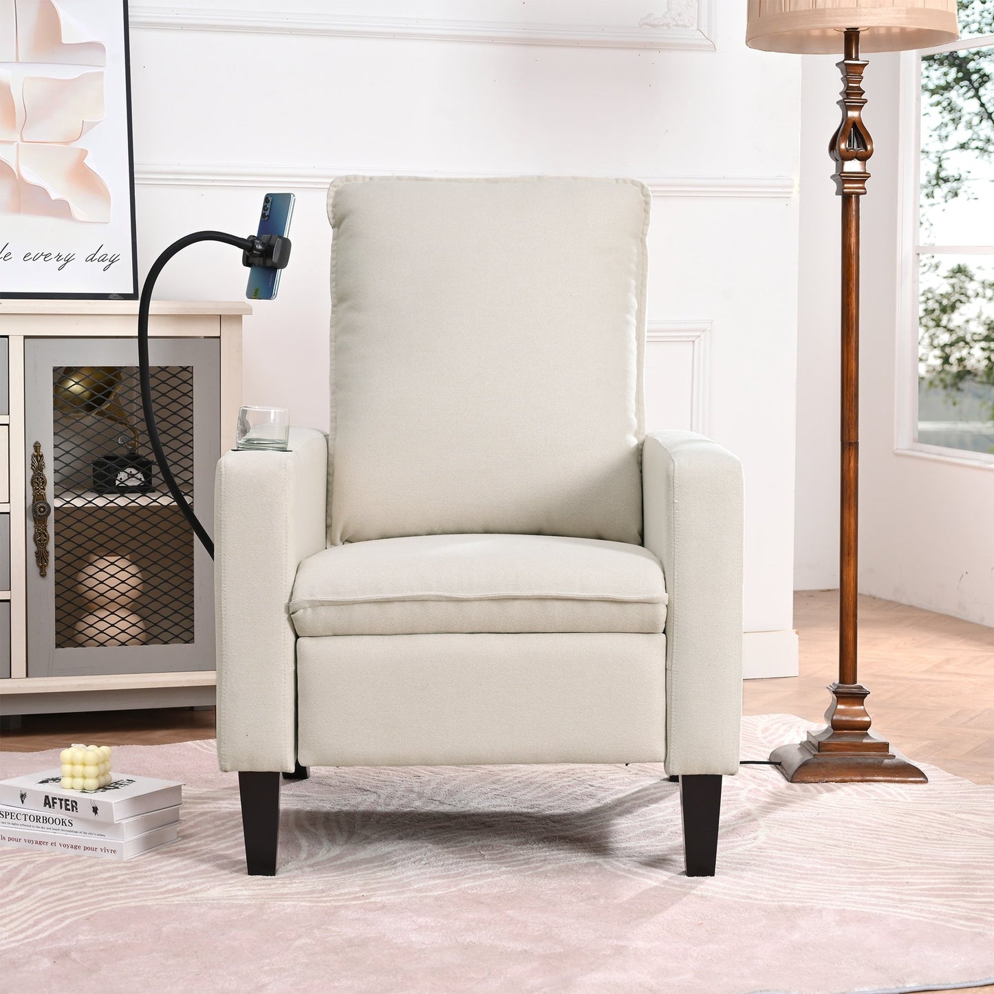 Poltrona reclinabile manuale moderna in tessuto beige con porta cellulare, portabicchieri e poggiapiedi