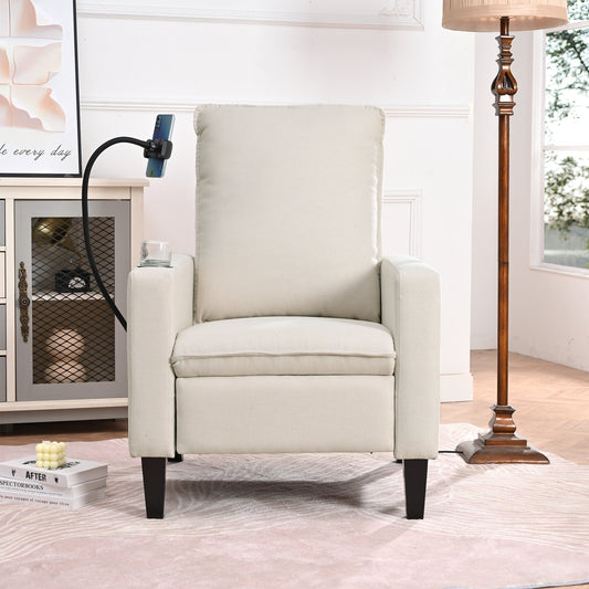 Poltrona reclinabile manuale moderna in tessuto beige con porta cellulare, portabicchieri e poggiapiedi