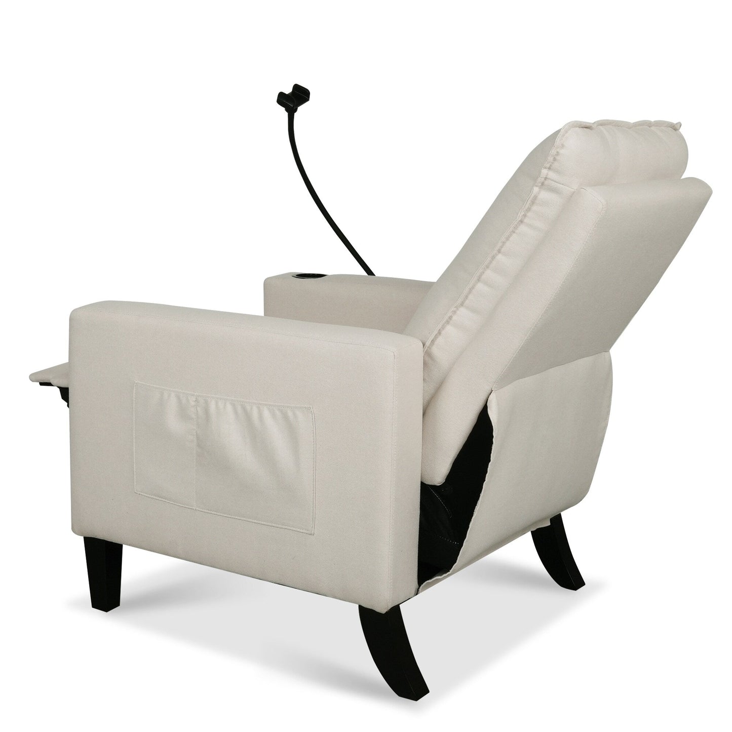 Poltrona reclinabile manuale moderna in tessuto beige con porta cellulare, portabicchieri e poggiapiedi