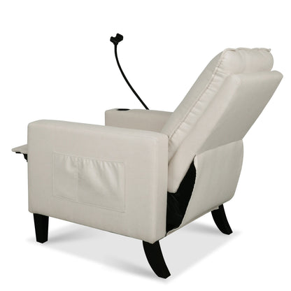 Poltrona reclinabile manuale moderna in tessuto beige con porta cellulare, portabicchieri e poggiapiedi