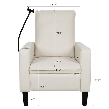 Poltrona reclinabile manuale moderna in tessuto beige con porta cellulare, portabicchieri e poggiapiedi