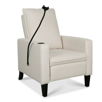 Poltrona reclinabile manuale moderna in tessuto beige con porta cellulare, portabicchieri e poggiapiedi